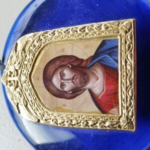 Jesus Medallion Glass Big Beautiful Vintage 2.5"